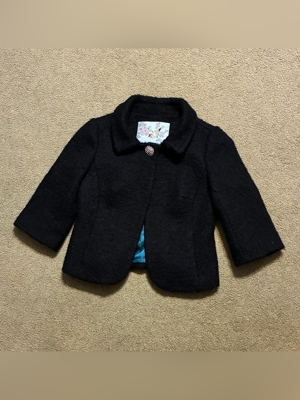 Anthropologie Tabitha Wool Blend Cropped Jacket Black Small 4 Broach Button Coat